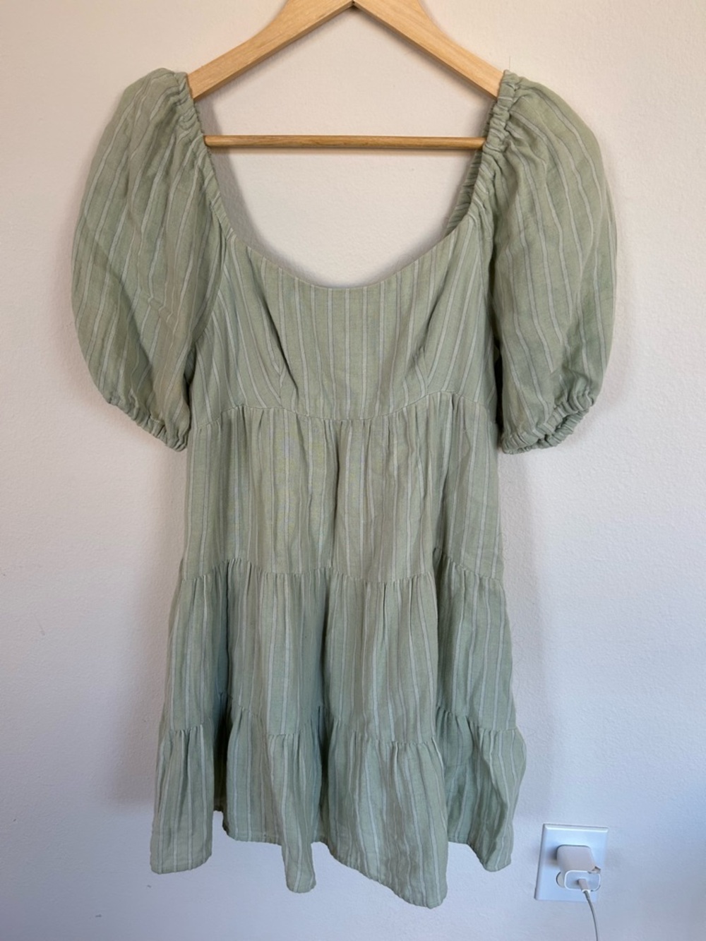 Every Sage Green Tiered Puff-Sleeve Mini Dress 100% Cotton Babydoll Romantic